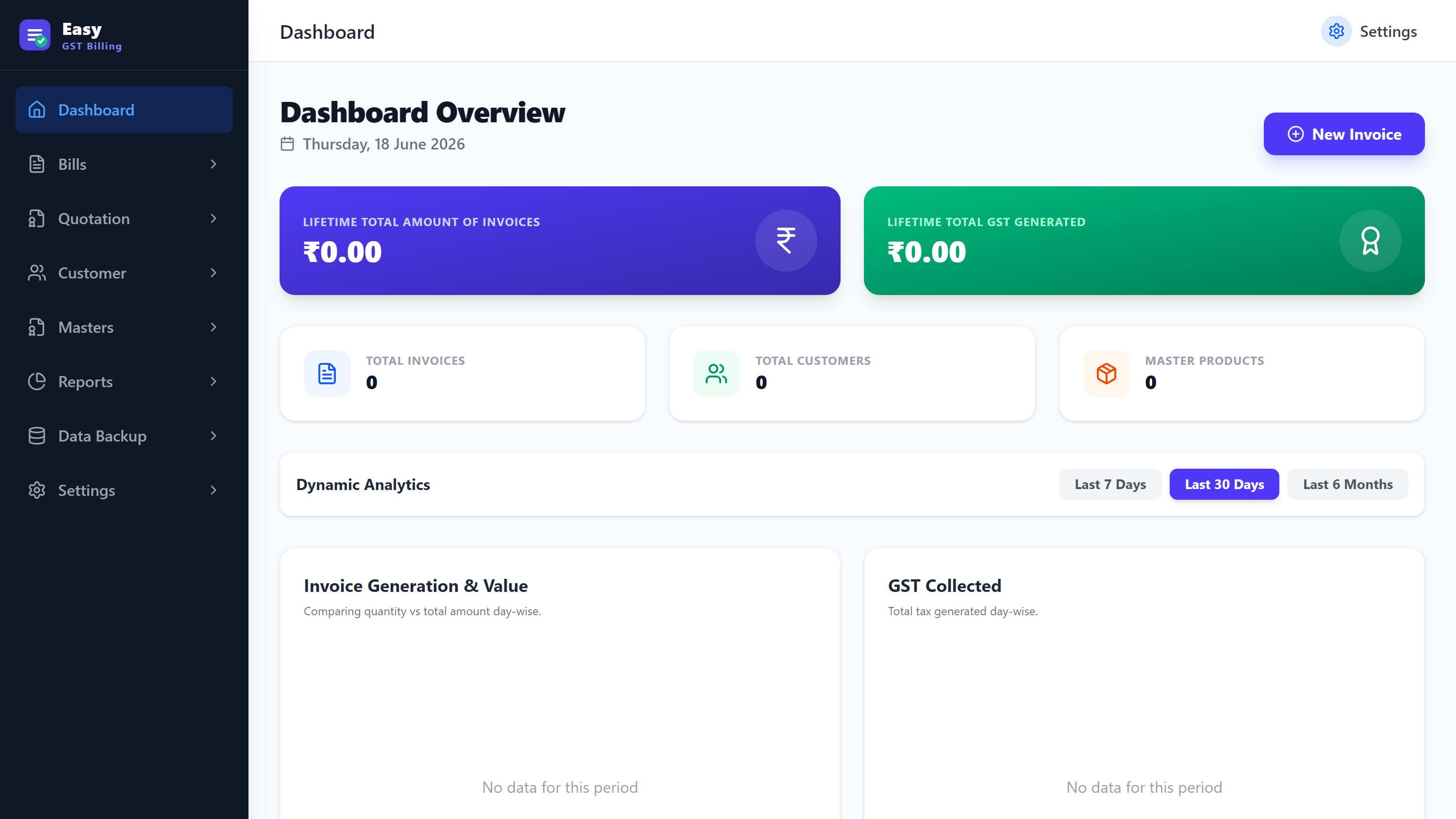 Easy GST Billing — Main Dashboard