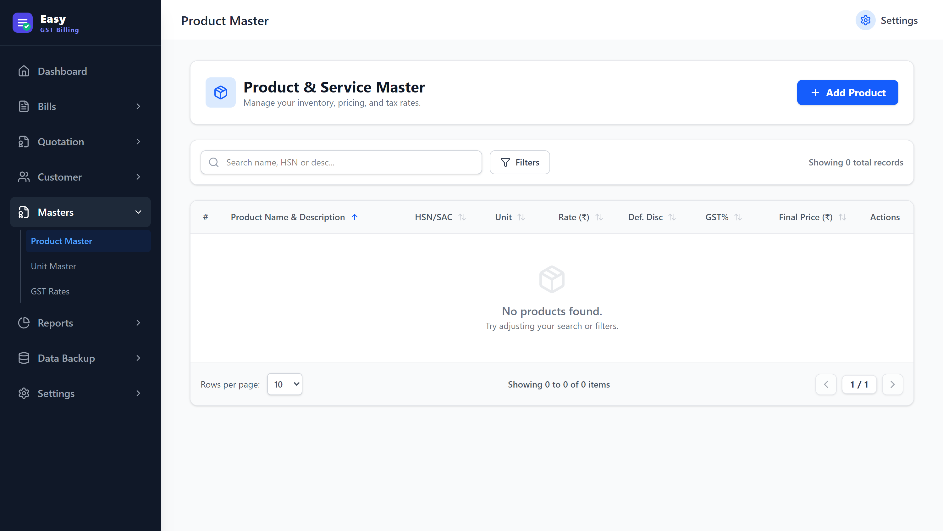 Easy GST Billing — Product Master